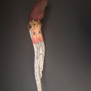 Rustic Hand Painted & Decorated Vintage Natural Wood Branch Santa Face 13" Long